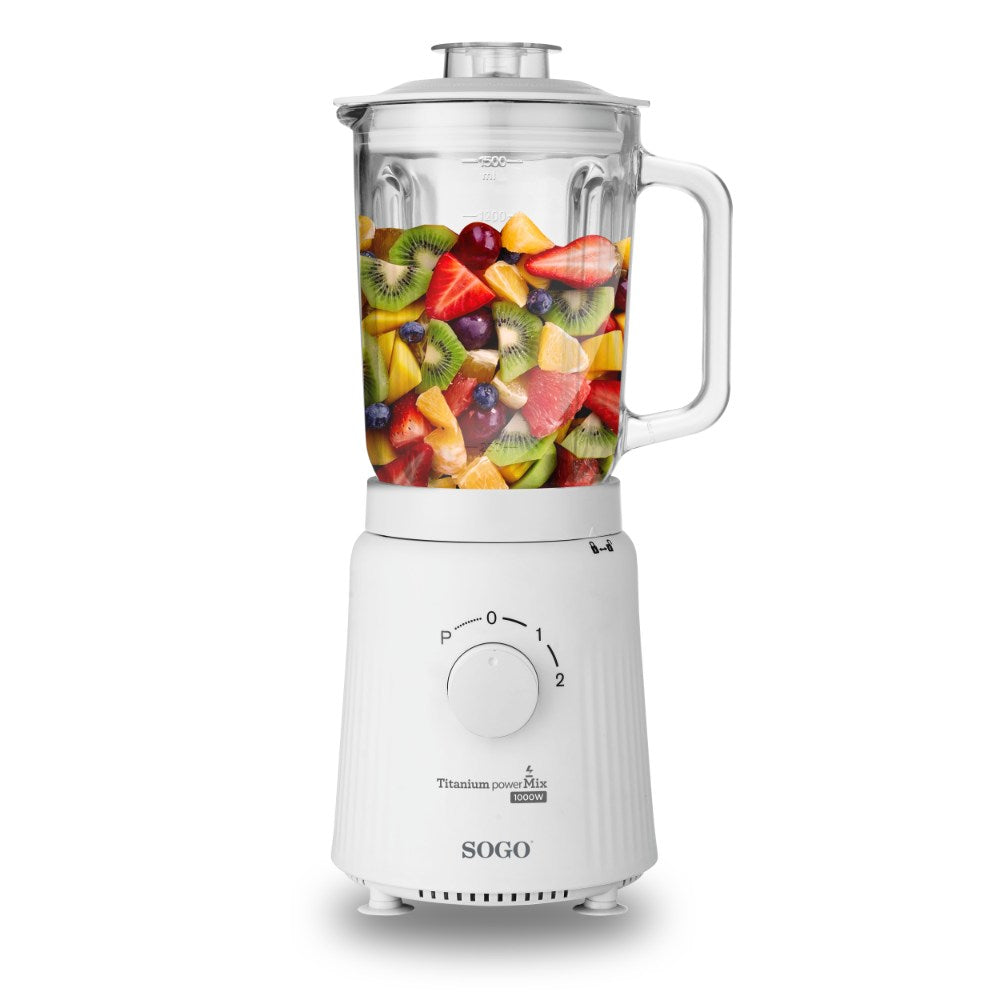 SOGO Blender met Glazen Kan - 1.5 Liter - Titanium Messen - 2 Snelheden + Puls-functie - IJsmaler - Blender Smoothie - 1000W