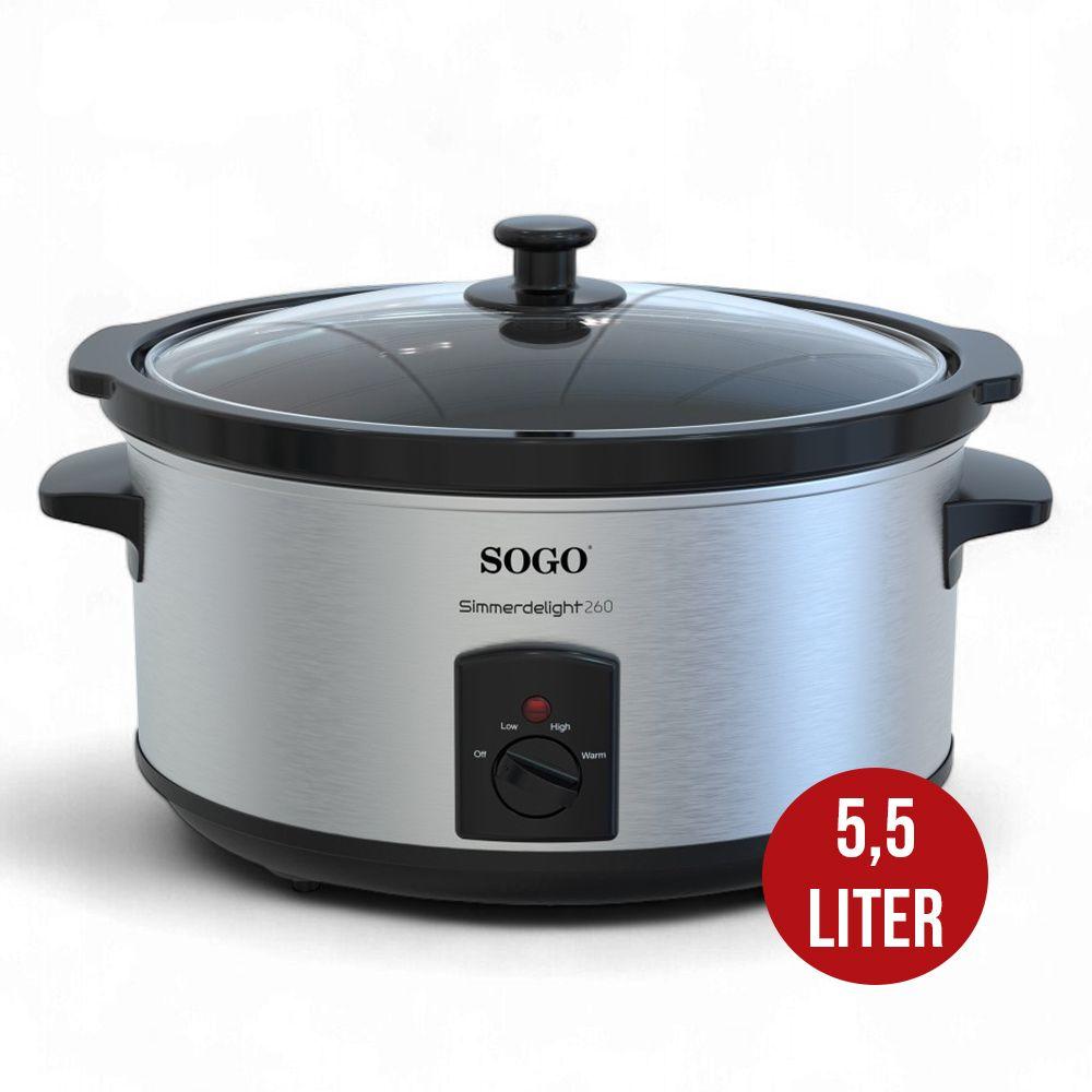 SOGO Slowcooker Geschikt voor 8 Personen - 5.5 Liter - 3 Kookfuncties - 260W - RVS