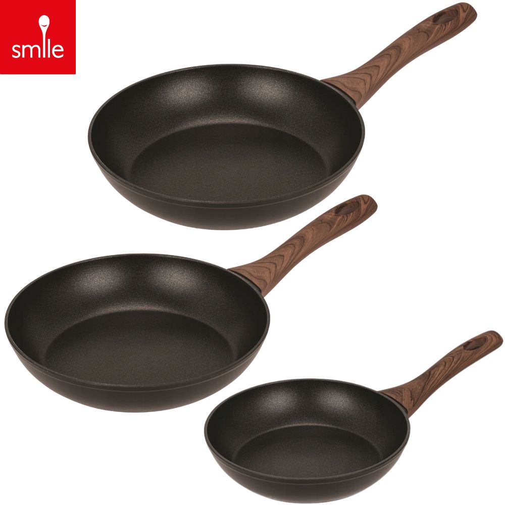Smile 3-delige Pannenset - Koekenpannen Ø20/24/28cm - Inductie - Aluminium - Zwart/Hout