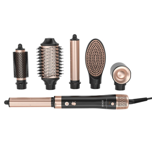 SOGO Airstyler - Multistyler - Föhnborstel - Krultang - 6-in-1 Stylingtool - Temperatuurinstellingen - Ionic-functie - 1400W - Zwart/Goud