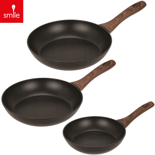 Smile 3-delige Pannenset - Koekenpannen Ø20/24/28cm - Inductie - Aluminium - Zwart/Hout